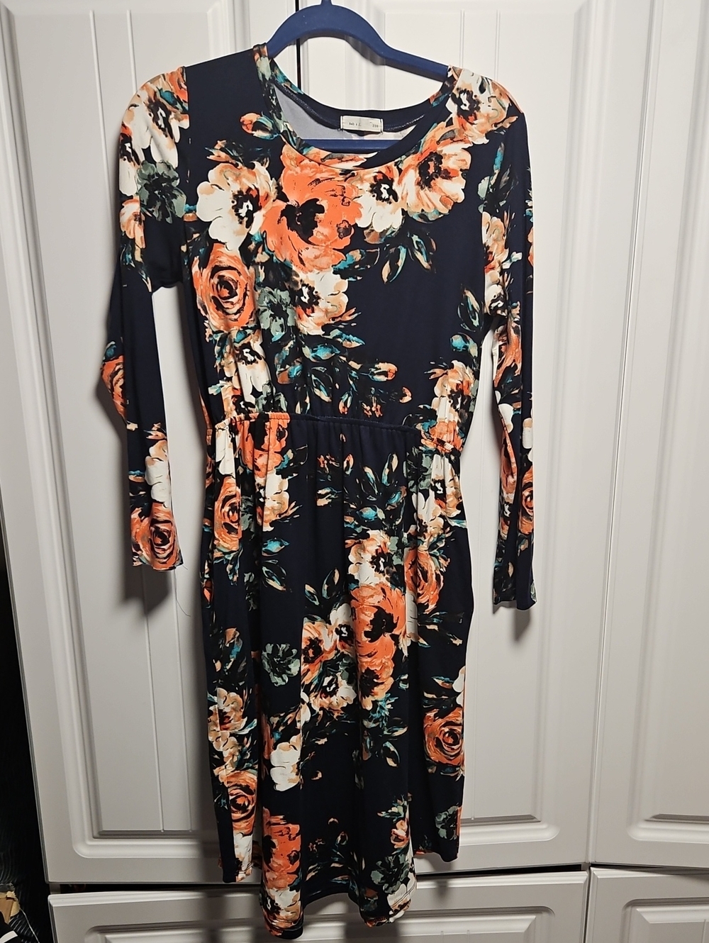 Floral Long-Sleeve Midi Dress in Navy and Orange